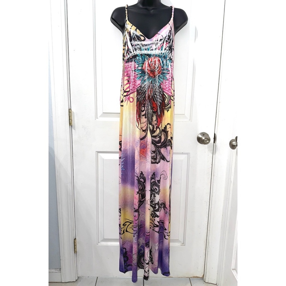 S-Twelve Vibrant Yellow & Purple rhinestone embellished maxi dress